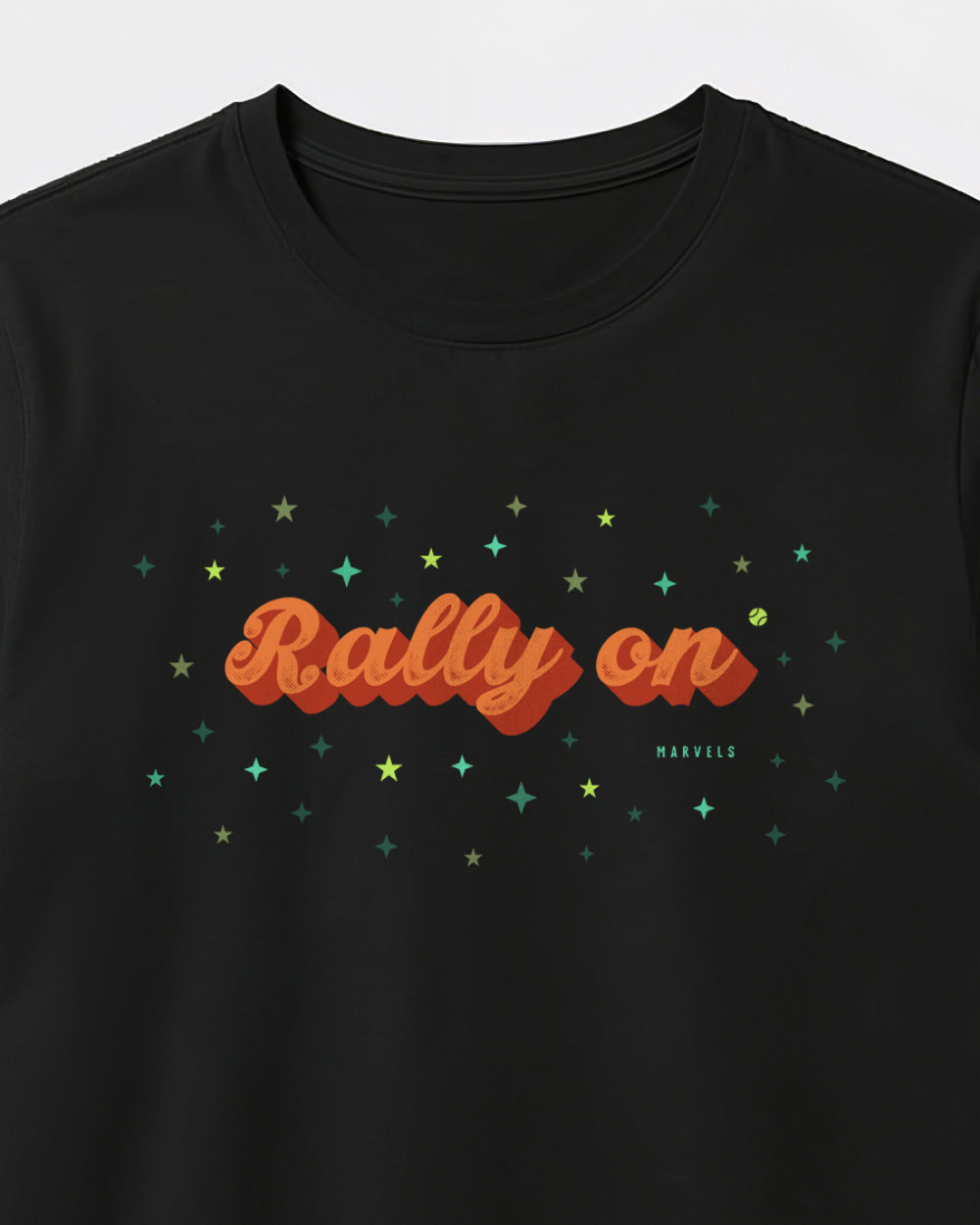 Black tennis t-shirt with 'Rally on' text and star designs