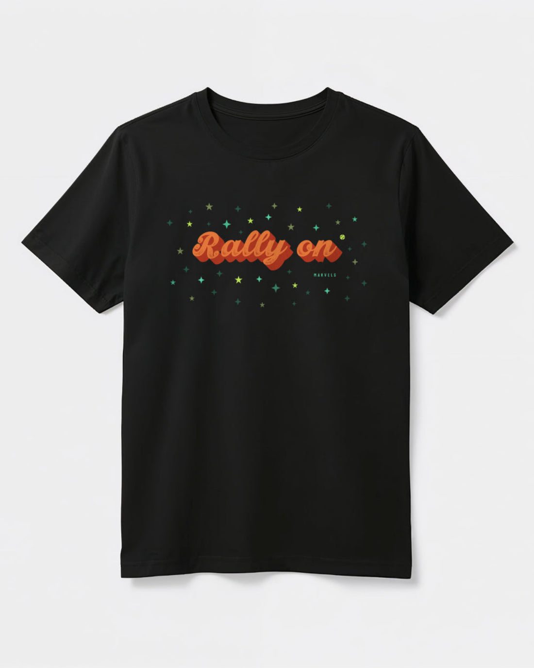 Black t-shirt with 'Rally on' text in orange and stars on a white background