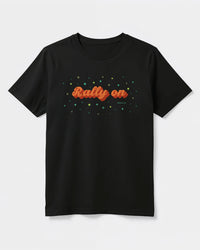Black t-shirt with 'Rally on' text in orange and stars on a white background