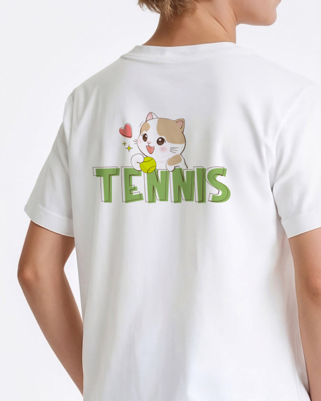White tennis t-shirt with a cartoon cat holding a tennis ball and the word 'Tennis' on a white background