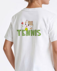 White tennis t-shirt with a cartoon cat holding a tennis ball and the word 'Tennis' on a white background