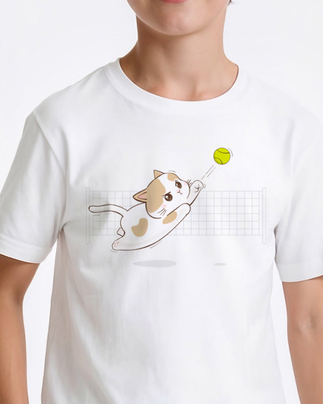 White t-shirt with a cat playing with a tennis ball graphic