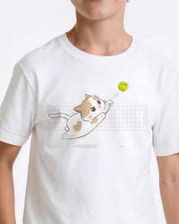White t-shirt with a cat playing with a tennis ball graphic