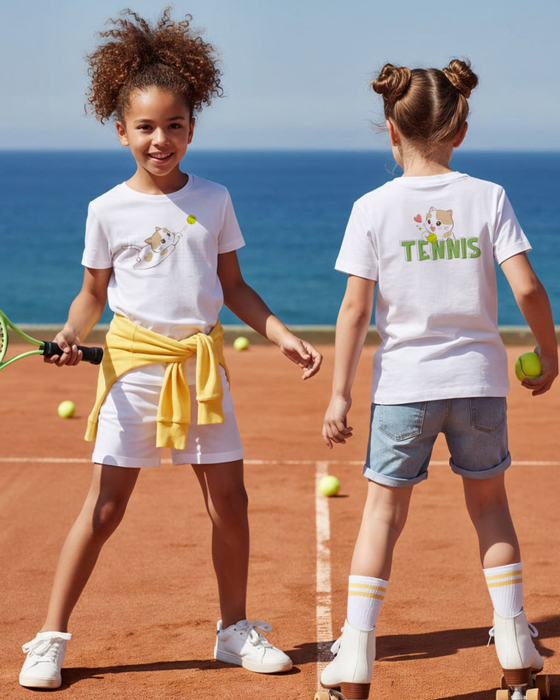 Two children on a tennis court with ocean in the background