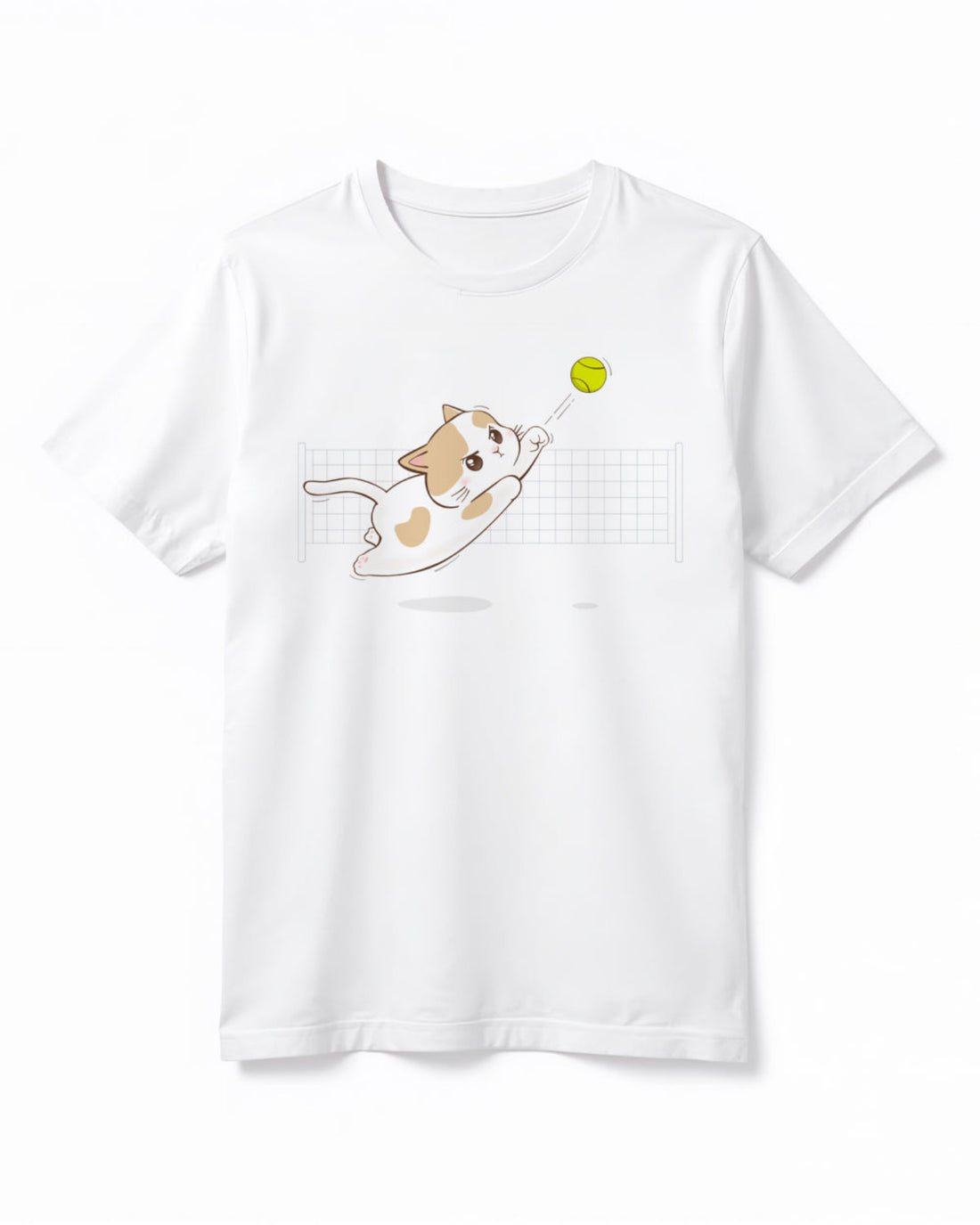 White t-shirt with a cat playing with a tennis ball design