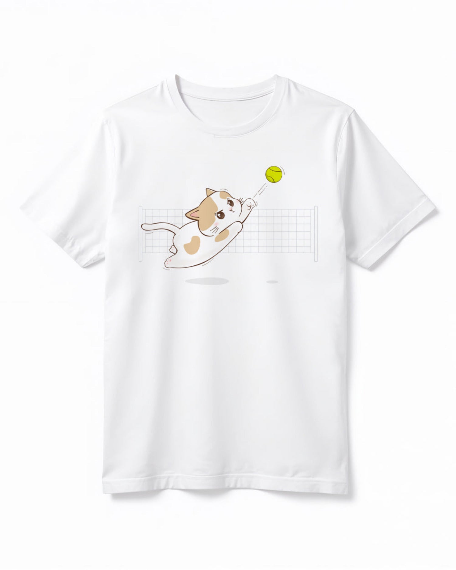 White t-shirt with a cat playing with a tennis ball design