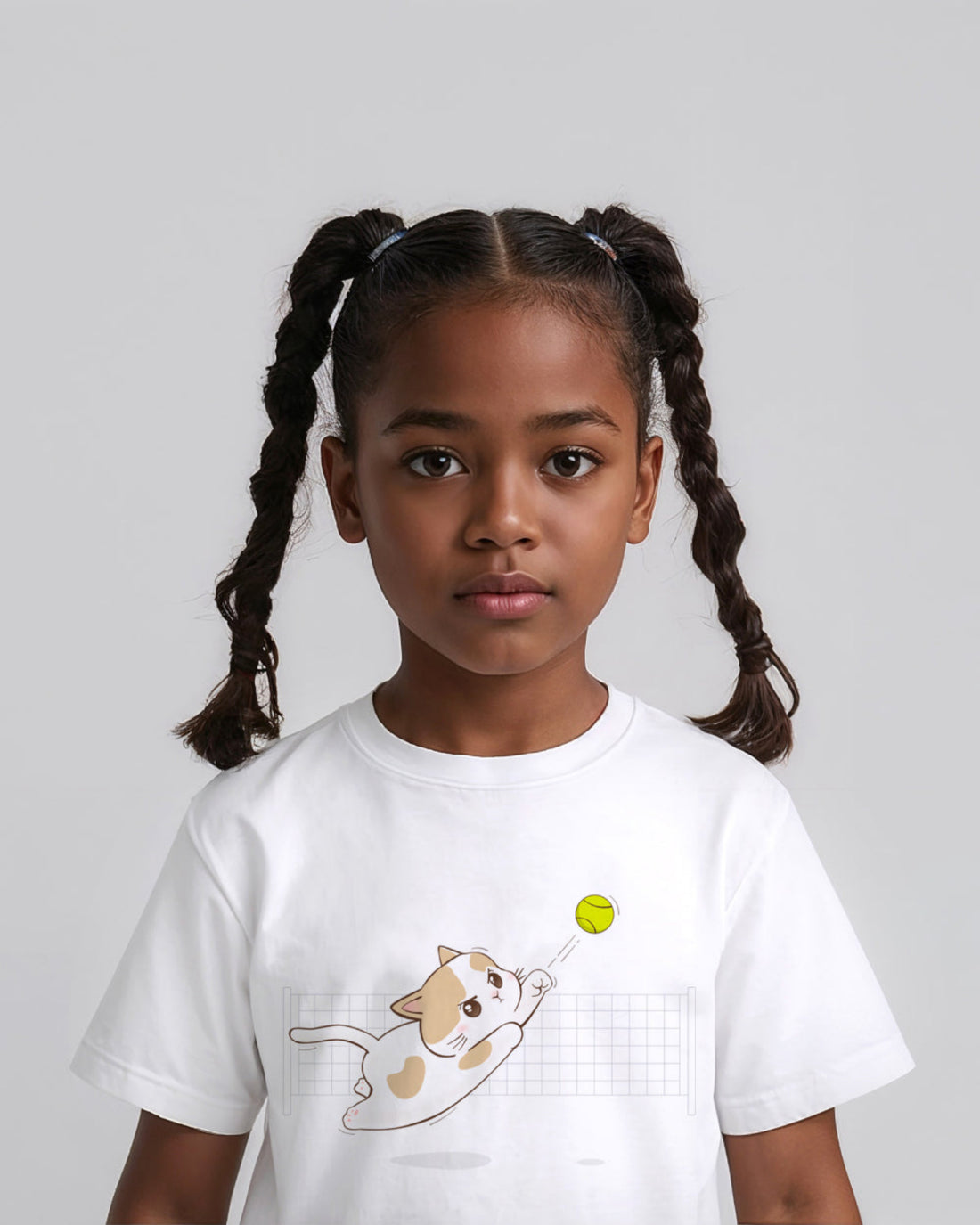 Young girl wearing a white tennis t-shirt with a cat graphic