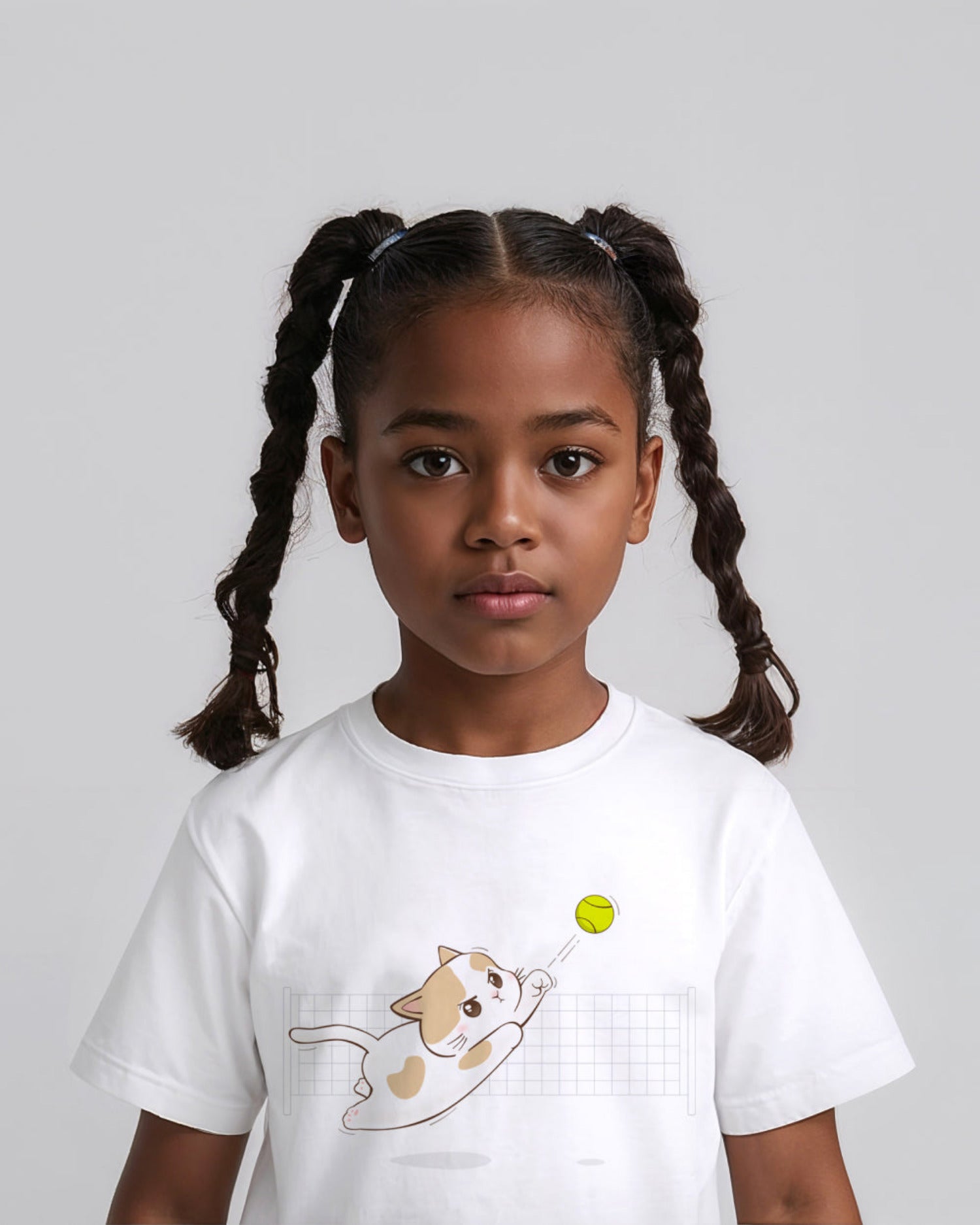 Young girl wearing a white tennis t-shirt with a cat graphic