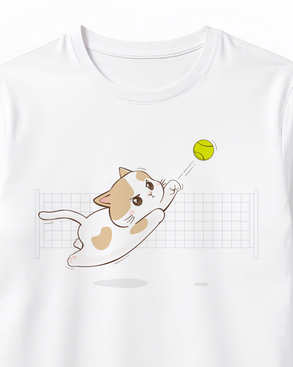 White t-shirt with a cat playing with a tennis ball graphic