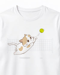 White t-shirt with a cat playing with a tennis ball graphic