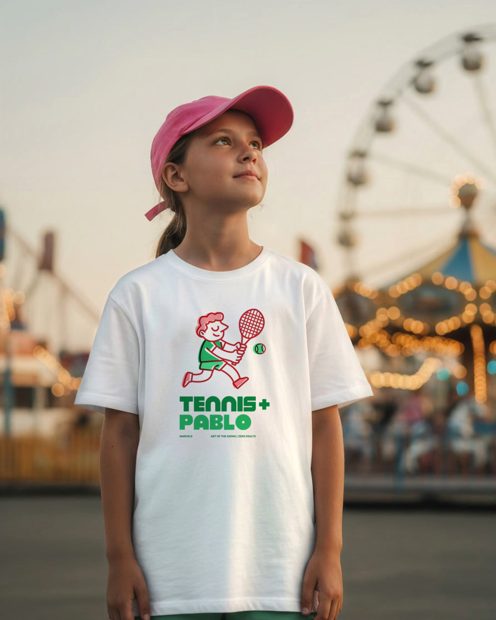 Child wearing a white t-shirt with a tennis-themed design at an amusement park.