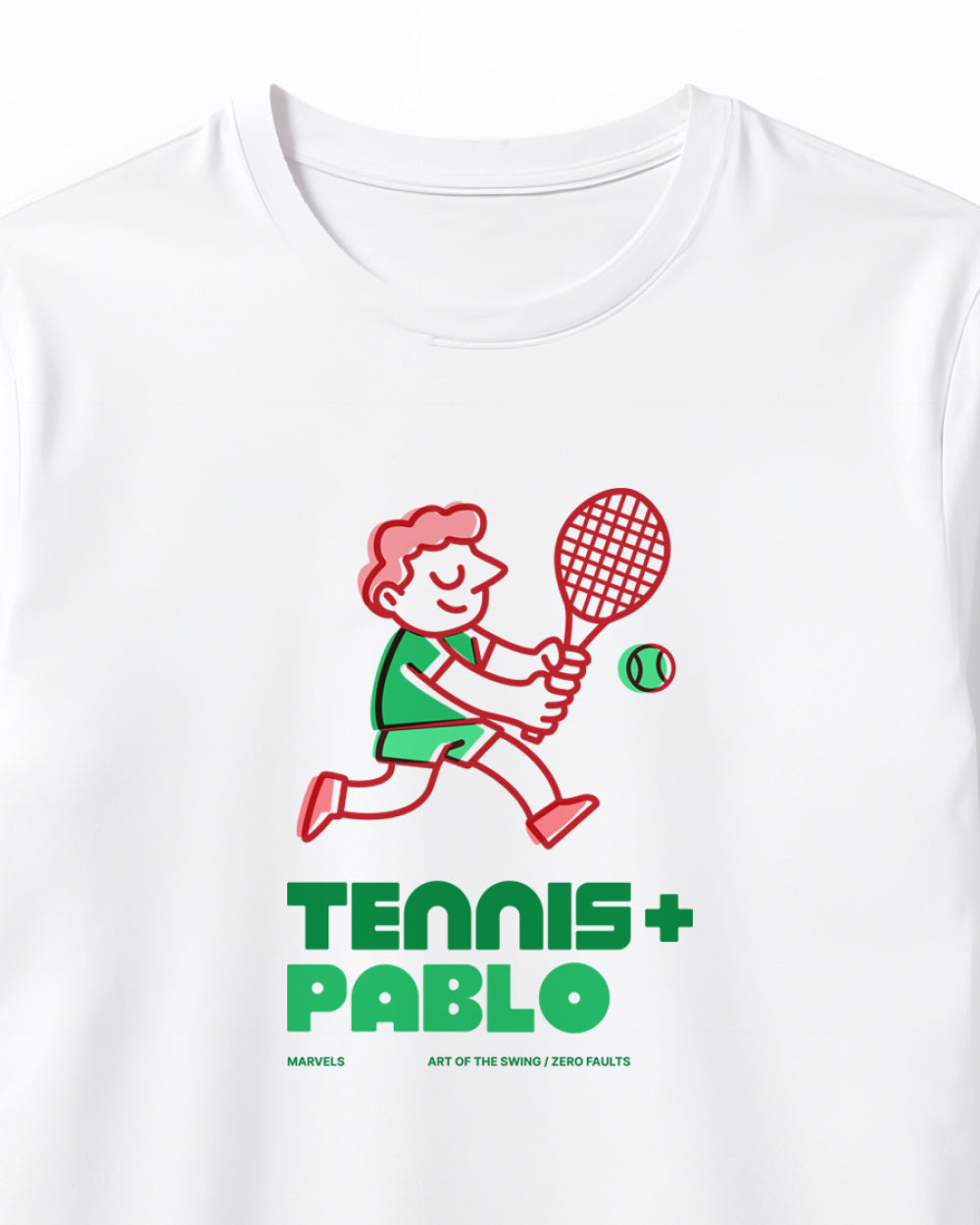 White t-shirt with a graphic of a child playing tennis and 'Tennis + Pablo' text on a white background