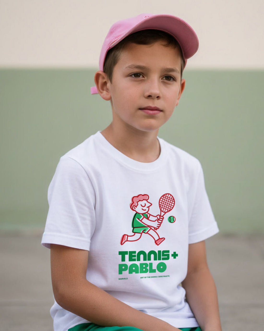 Child wearing a white t-shirt with a graphic and text, sitting on a tennis court.