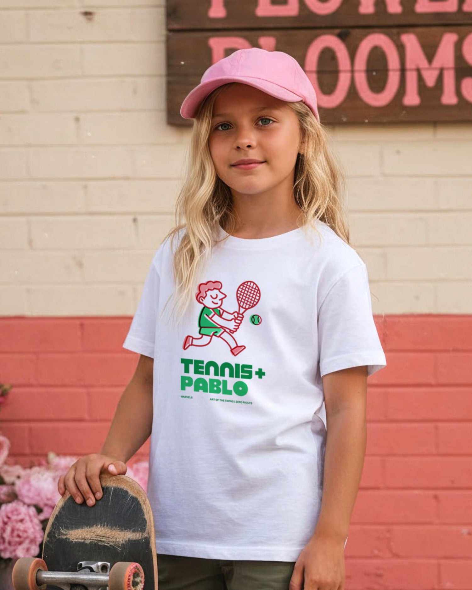 Child wearing a white t-shirt with a tennis graphic design and text, standing against a brick wall