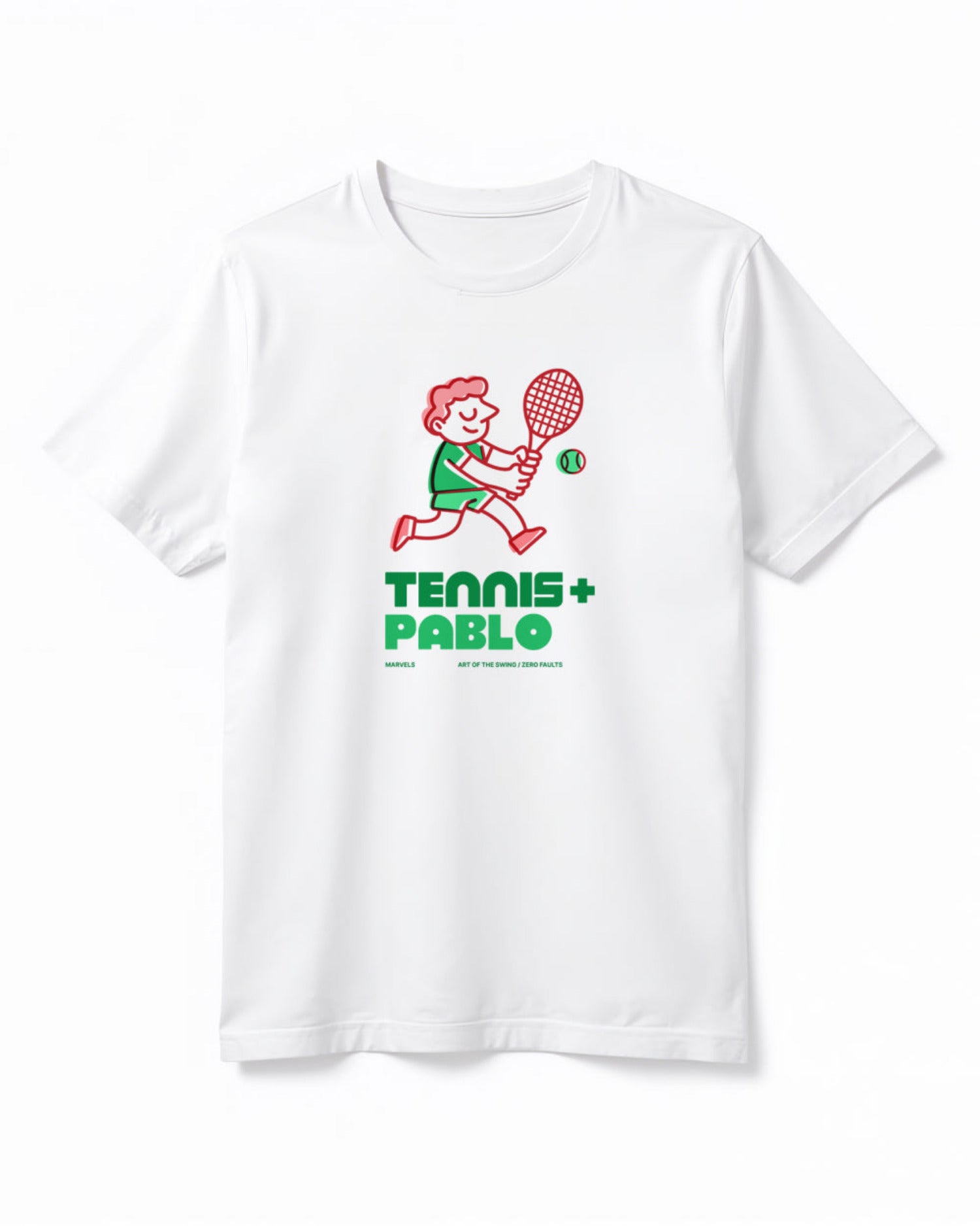 White t-shirt with a graphic of a person playing tennis and text 'TENNIS + PABLO' on a white background