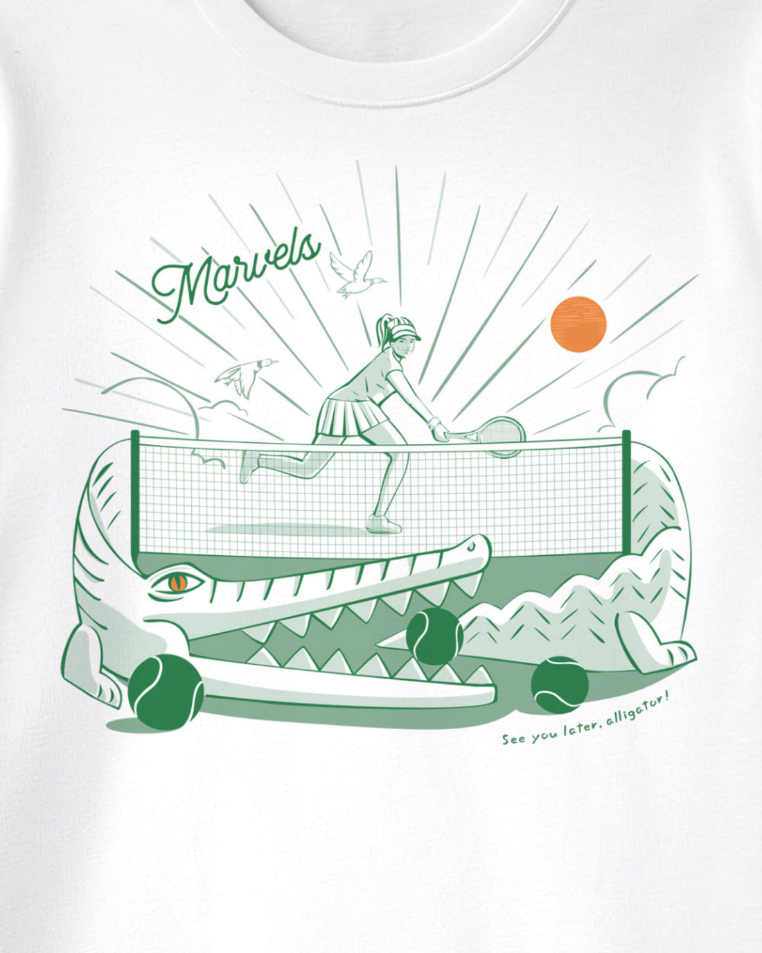White t-shirt with a graphic design on a white background