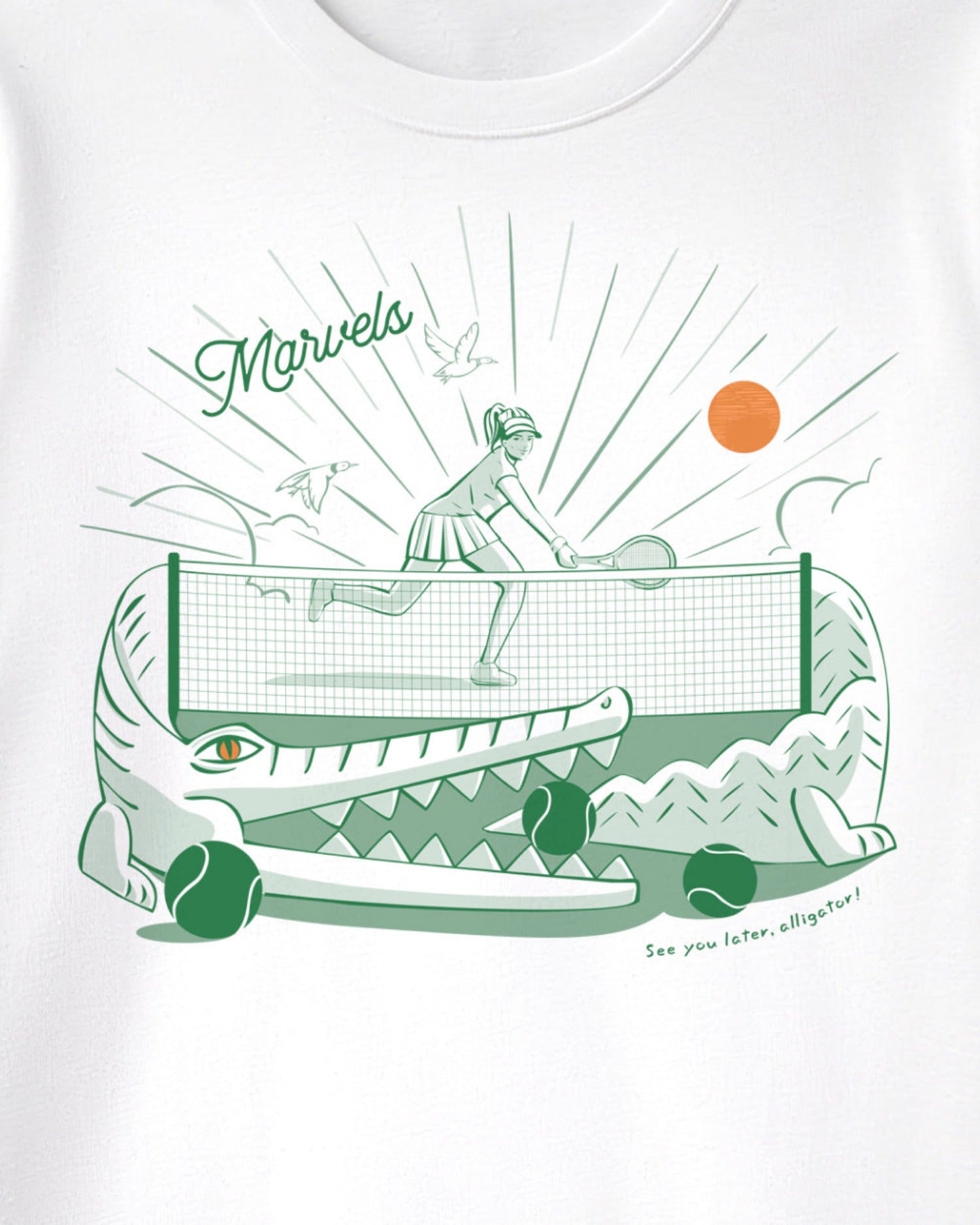 White t-shirt with a graphic design on a white background