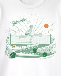 White t-shirt with a graphic design on a white background