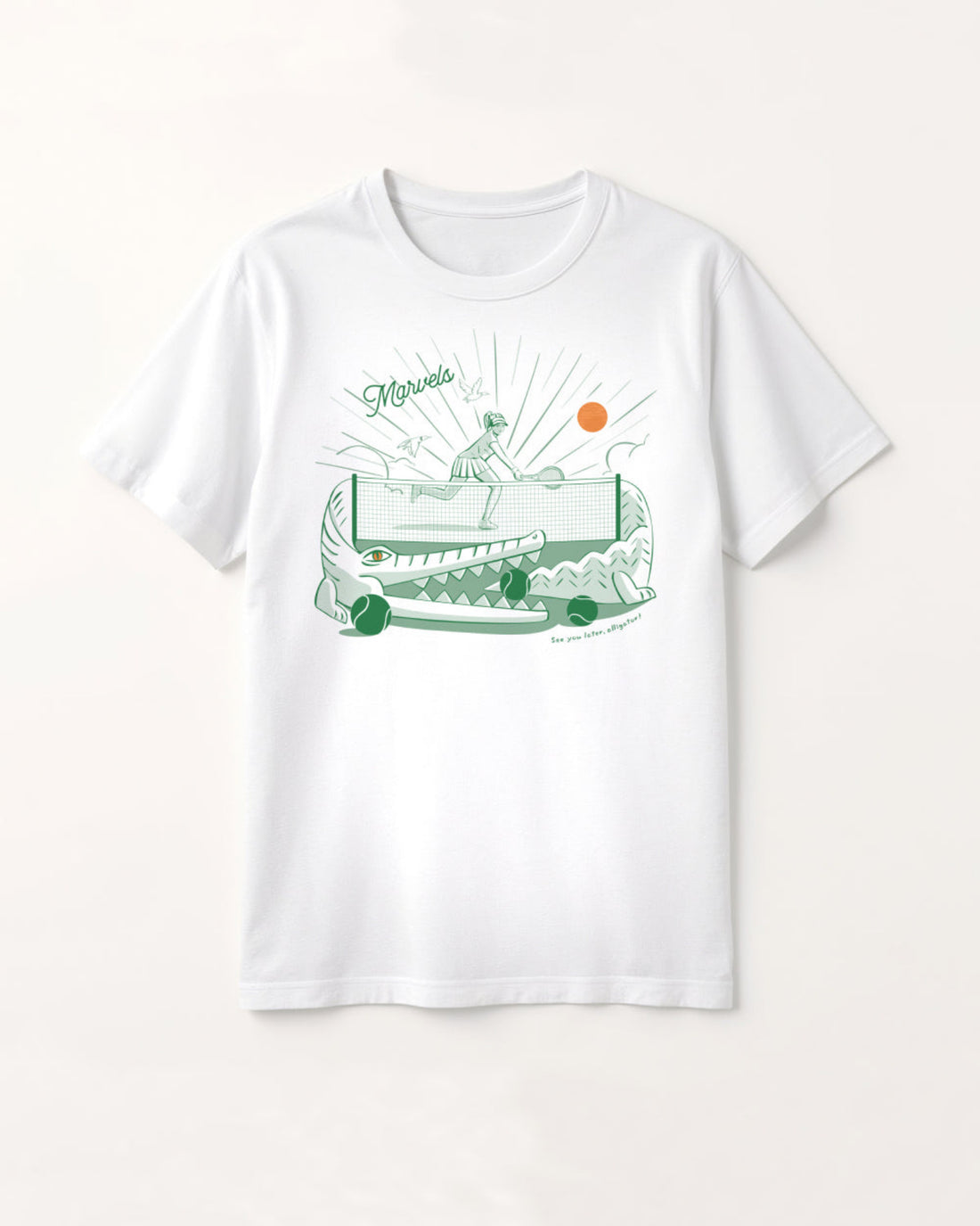White t-shirt with a green tennis action graphic design on a white background