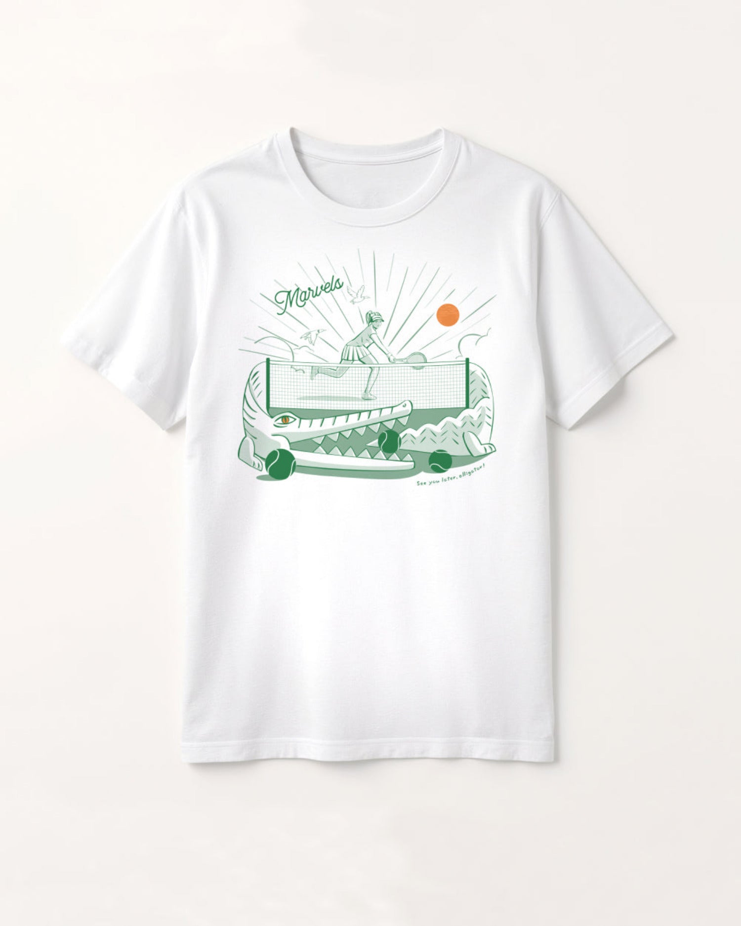 White t-shirt with a green tennis action graphic design on a white background