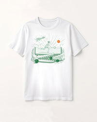 White t-shirt with a green tennis action graphic design on a white background
