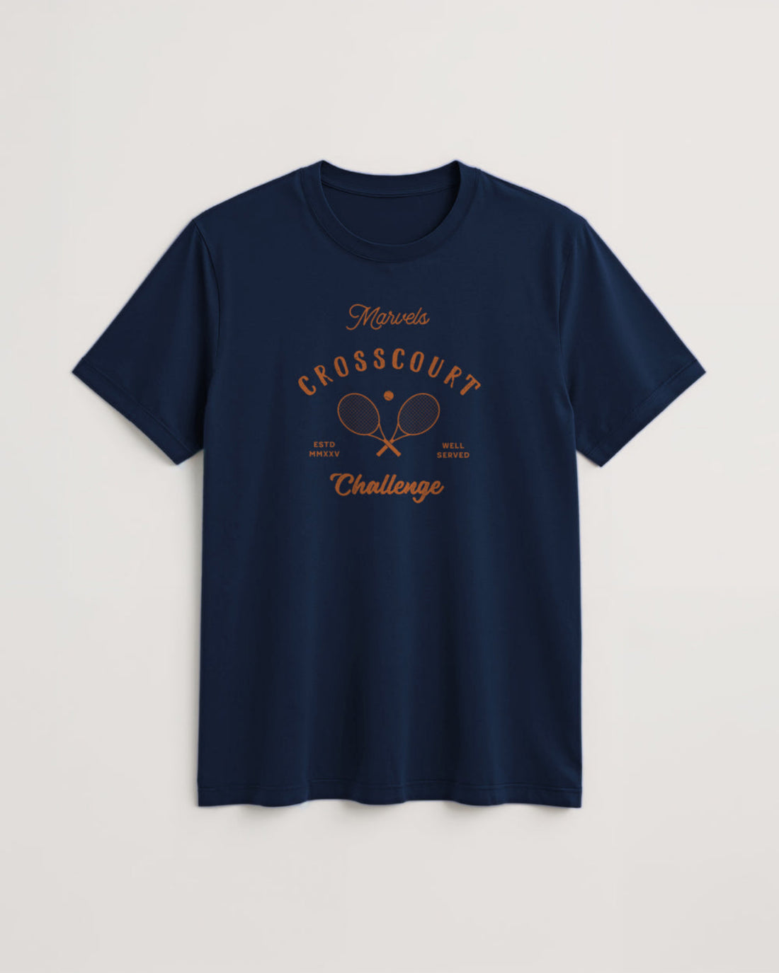 Navy blue t-shirt with 'Crosscourt Challenge' text and tennis racket graphics on a light background