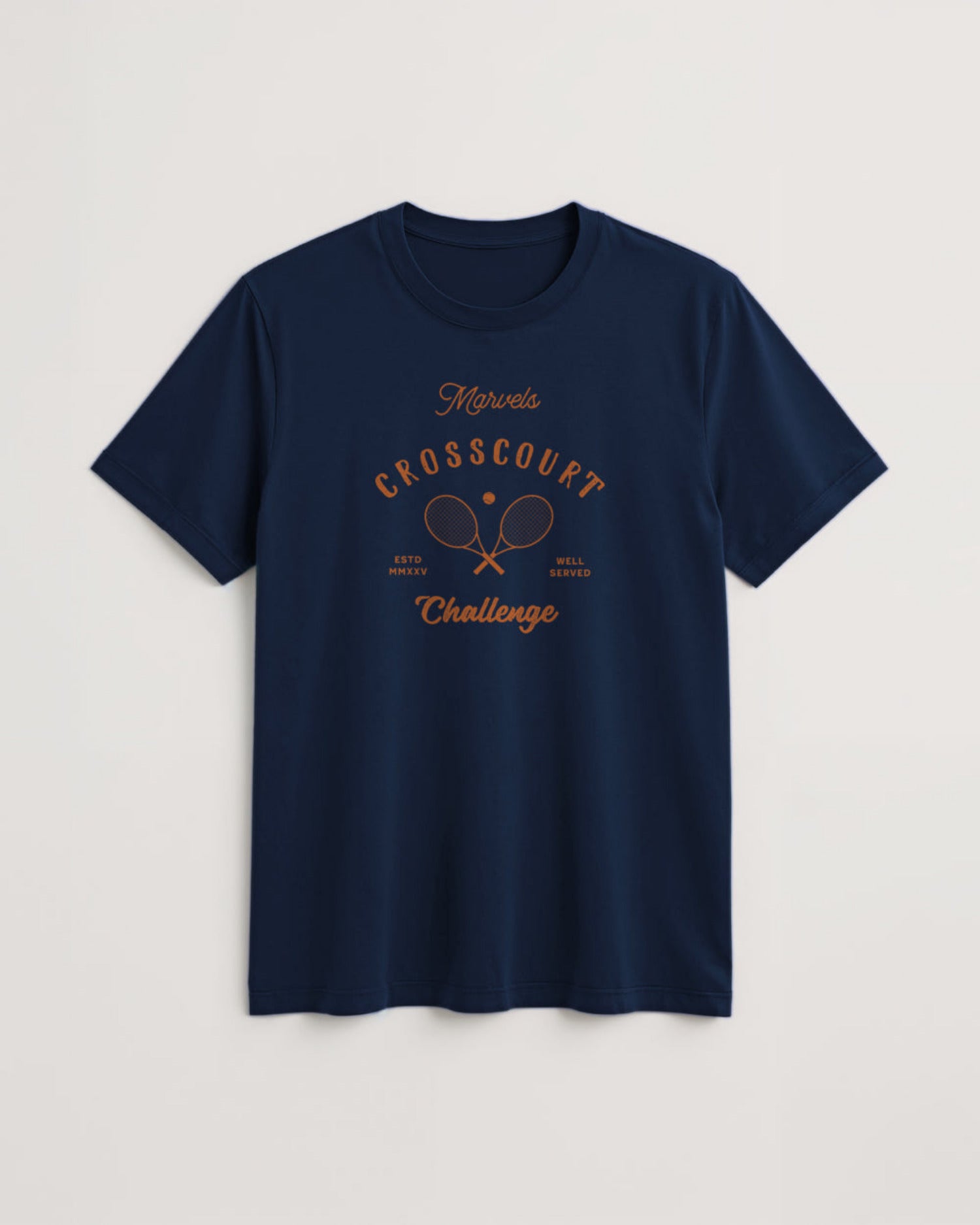 Navy blue t-shirt with 'Crosscourt Challenge' text and tennis racket graphics on a light background