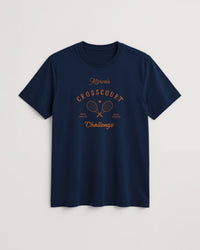 Navy blue t-shirt with 'Crosscourt Challenge' text and tennis racket graphics on a light background