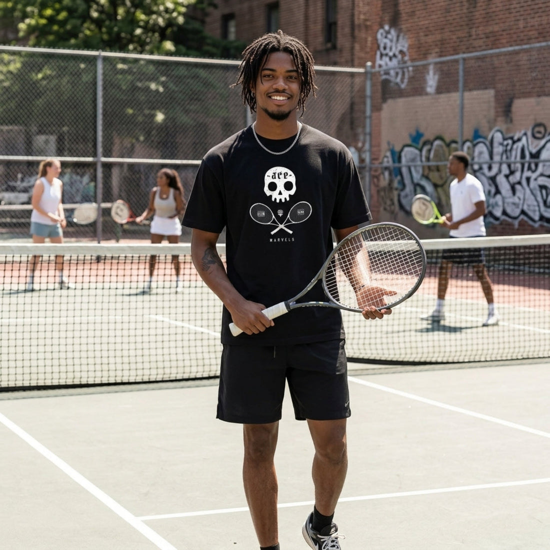 Man holding a tennis racket on a tennis court with other players in the background