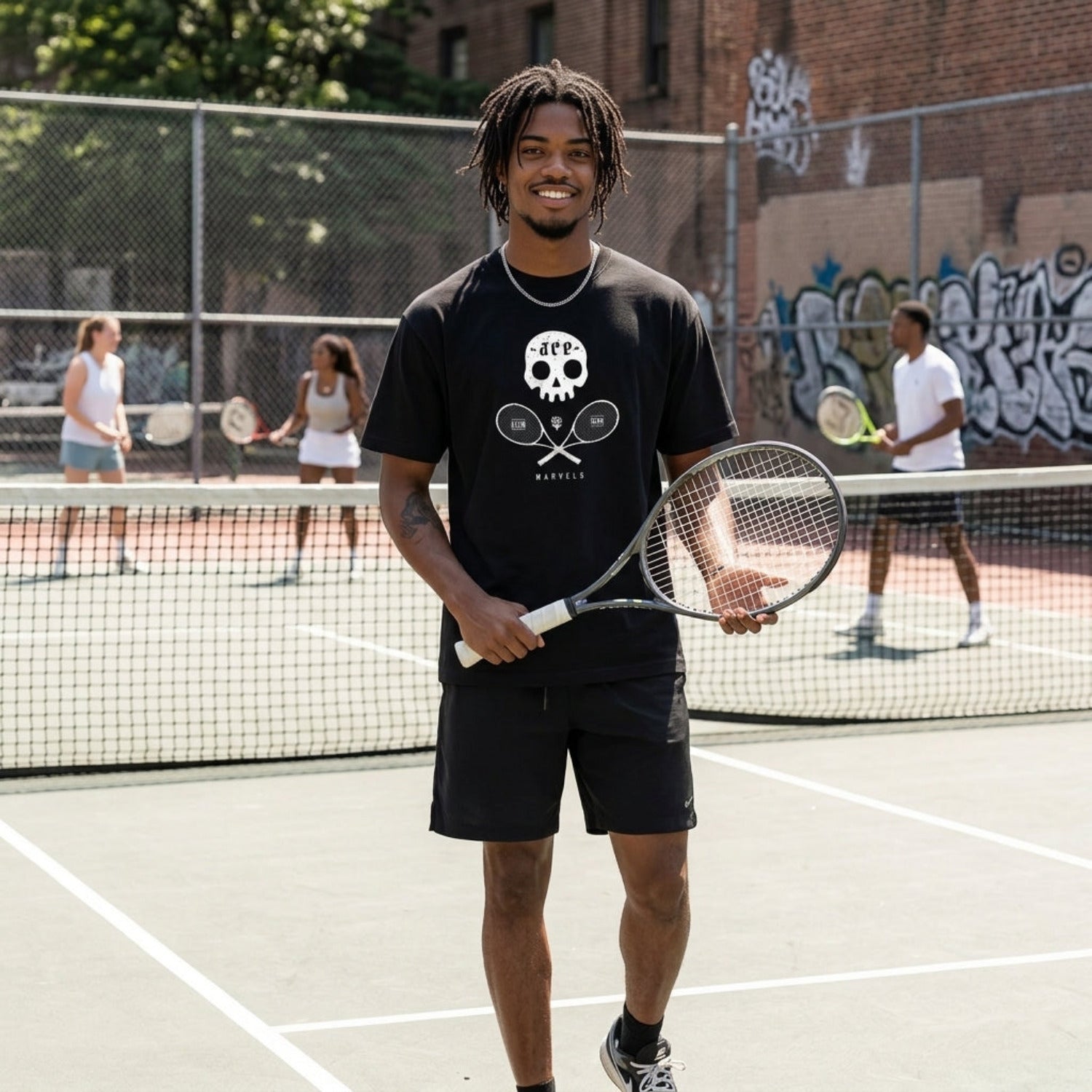 Man holding a tennis racket on a tennis court with other players in the background