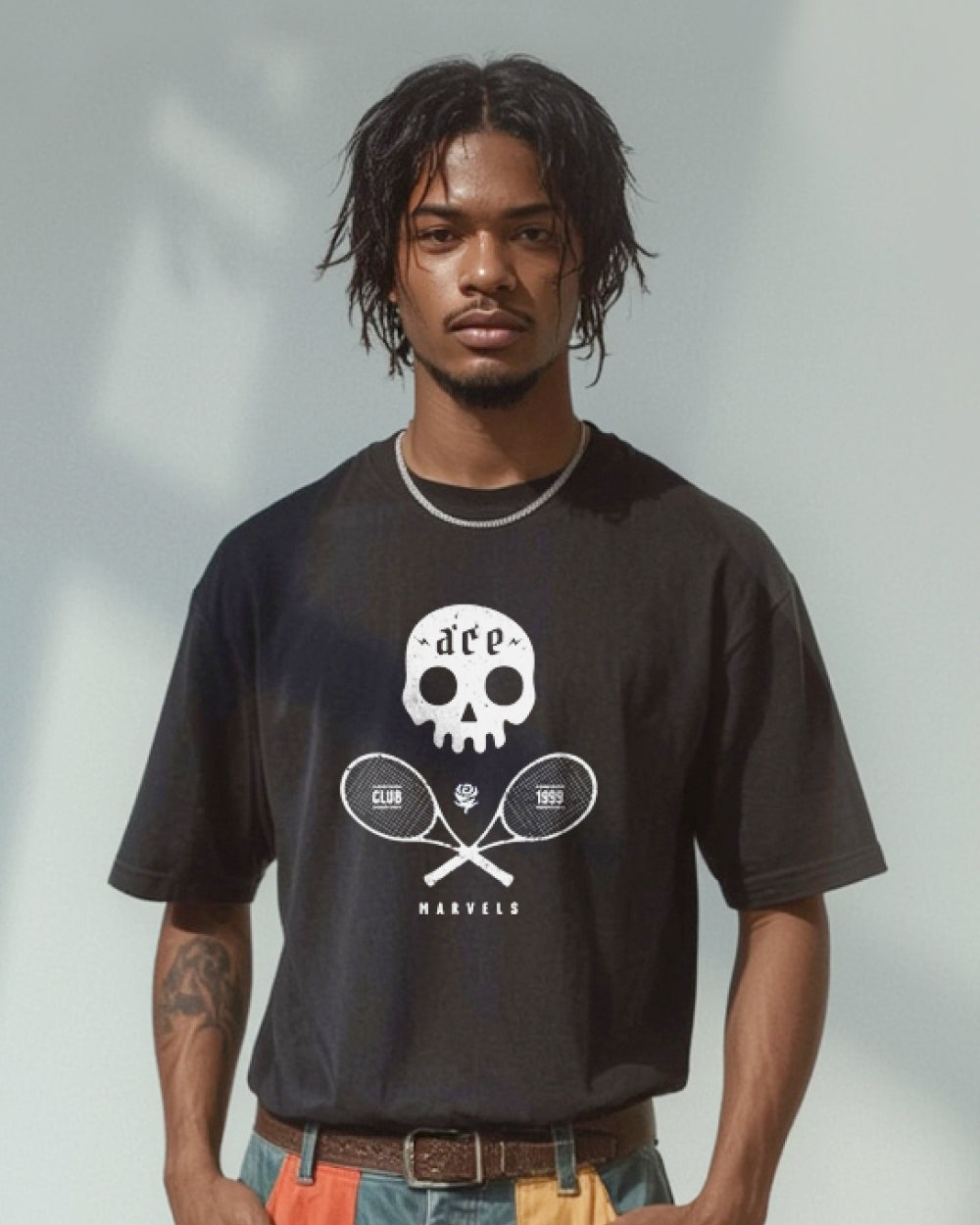 Person wearing a black t-shirt with a white skull and crossed tennis racquets graphic design on a neutral background