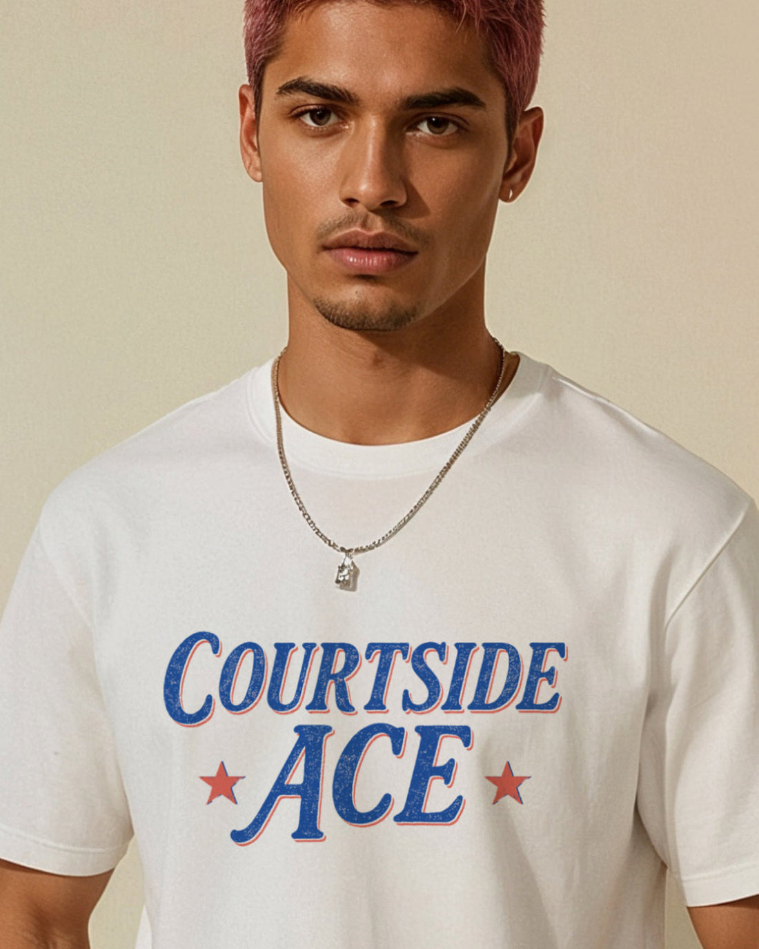 Man wearing a white t-shirt with 'Courtside Ace' text on a beige background