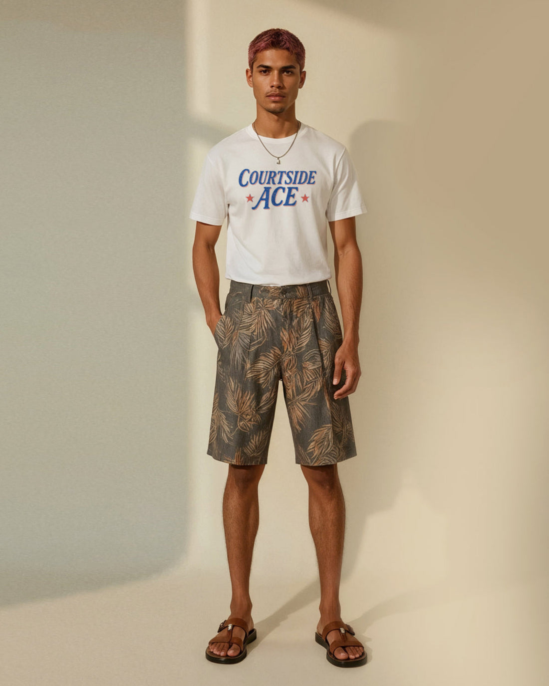 Man wearing a white t-shirt with 'Courtside Ace' text and patterned shorts on a plain background