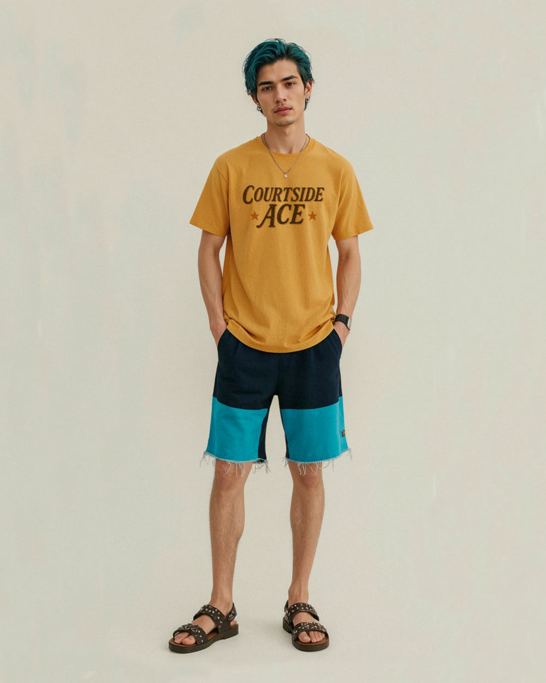 Person wearing a yellow gold t-shirt with 'Courtside Ace' text and black and blue shorts on a plain background
