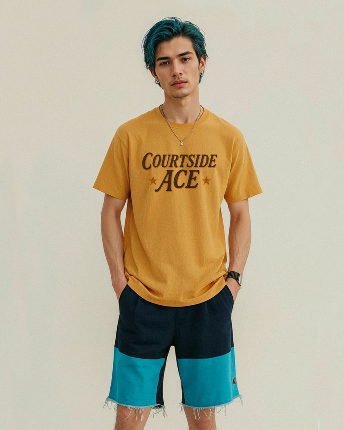 Person wearing a gold yellow t-shirt with 'Courtside Ace' text and blue and black shorts on a plain background