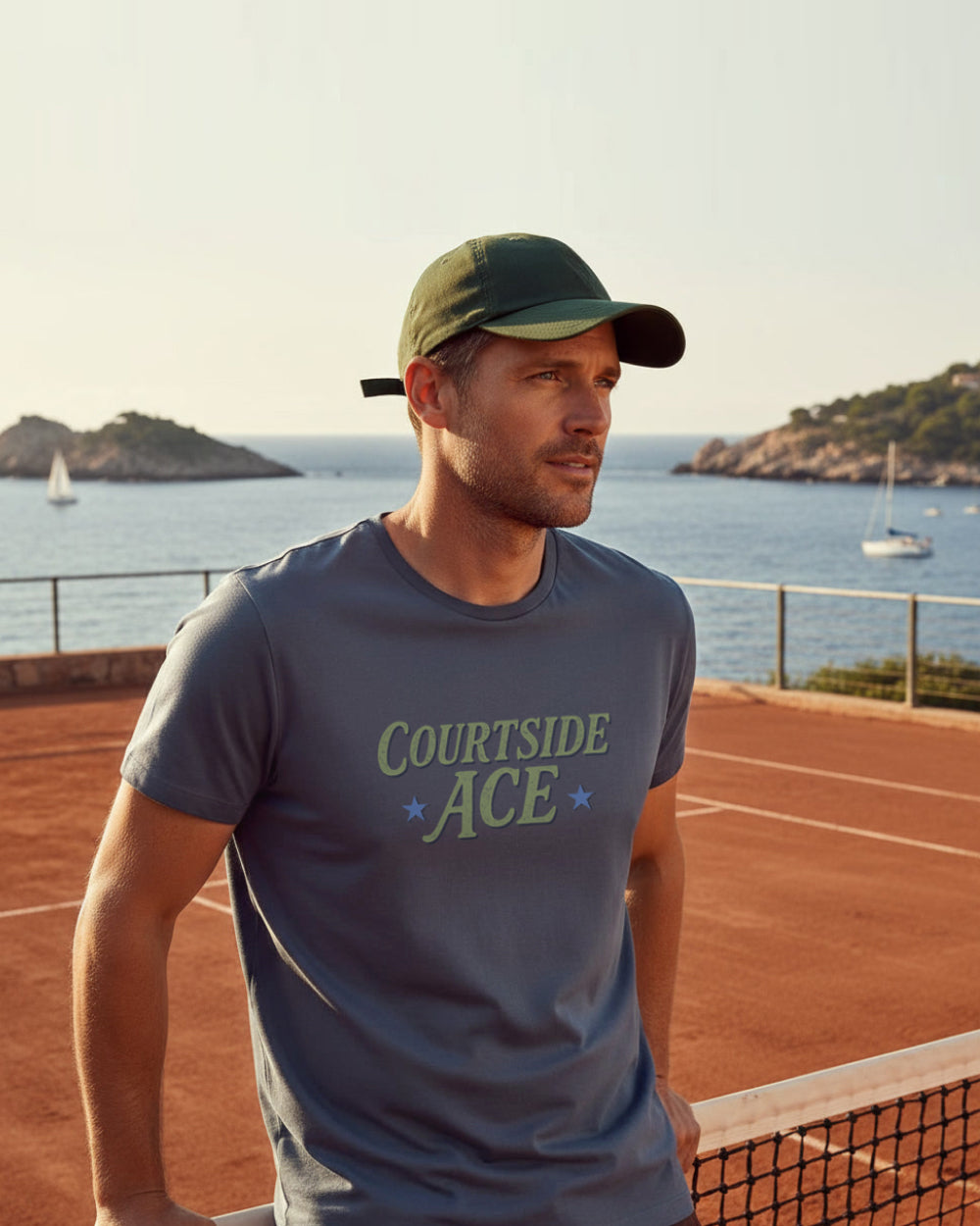 Man wearing a 'Courtside Ace' t-shirt on a tennis court with ocean view