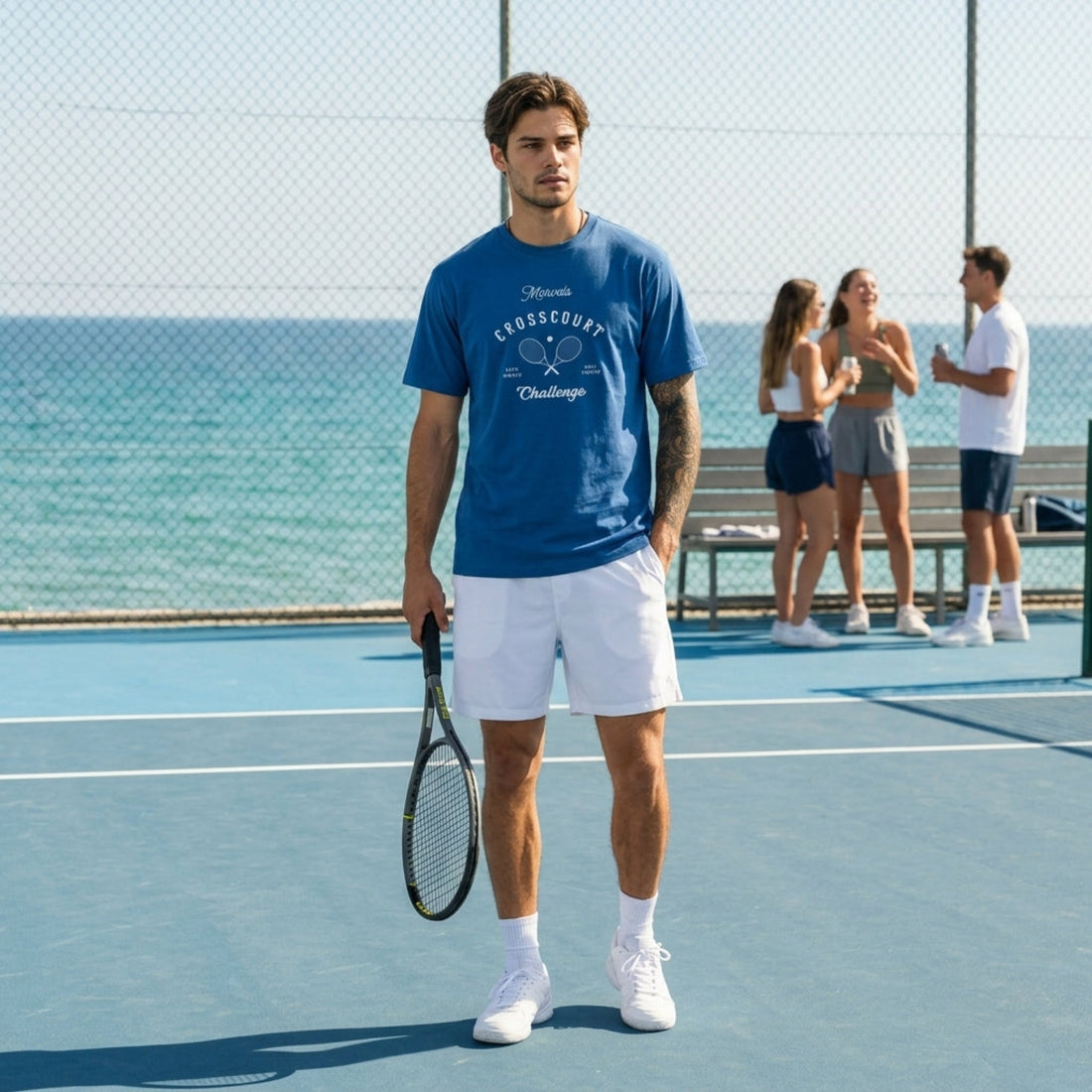 Man in blue t-shirt and white shorts holding a tennis racket on a tennis court with people in the background.