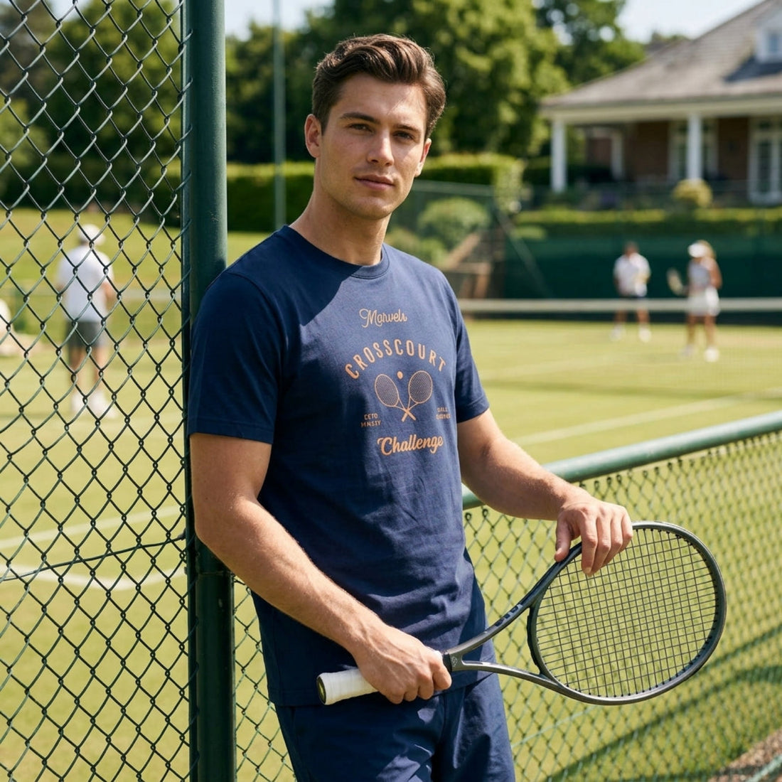 Man holding a tennis racket on a tennis court with a fence in the foreground