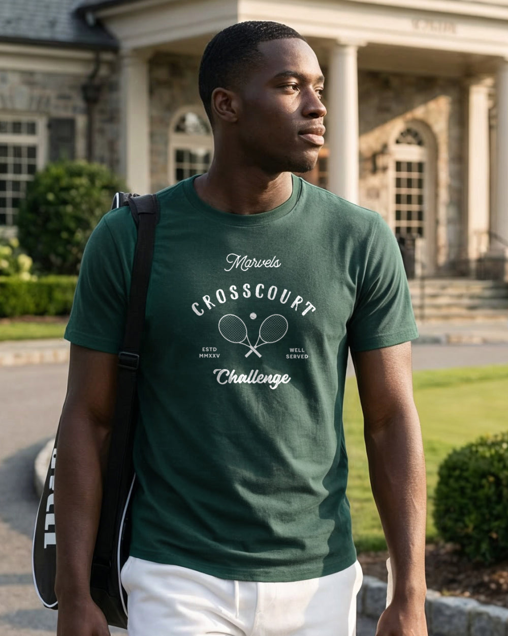 Man wearing a green t-shirt with text and graphics, standing outdoors.