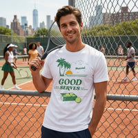 Man holding a tennis racket on a tennis court with a city skyline in the background