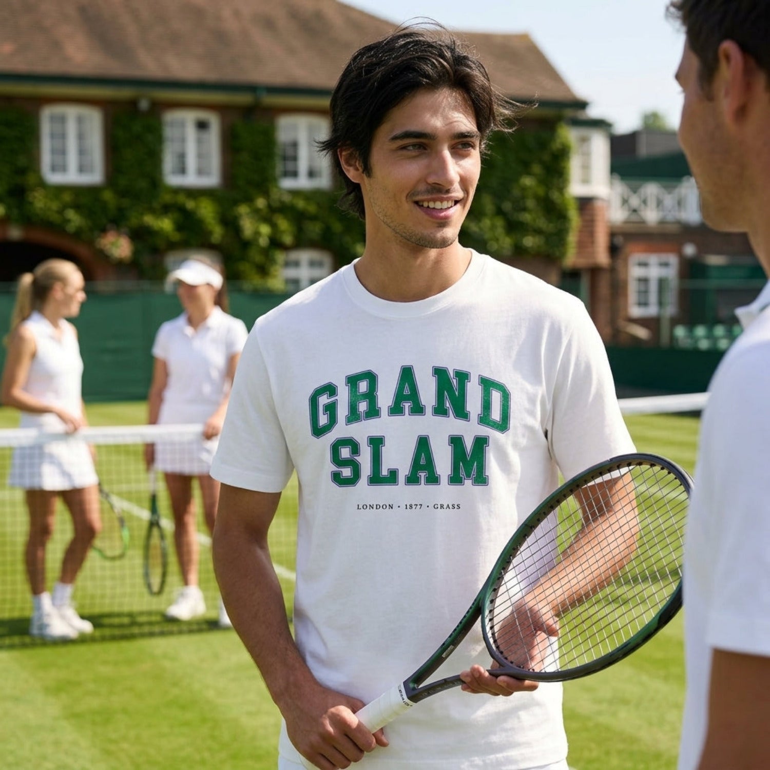 Man holding a tennis racket on a tennis court with 'Grand Slam' t-shirt