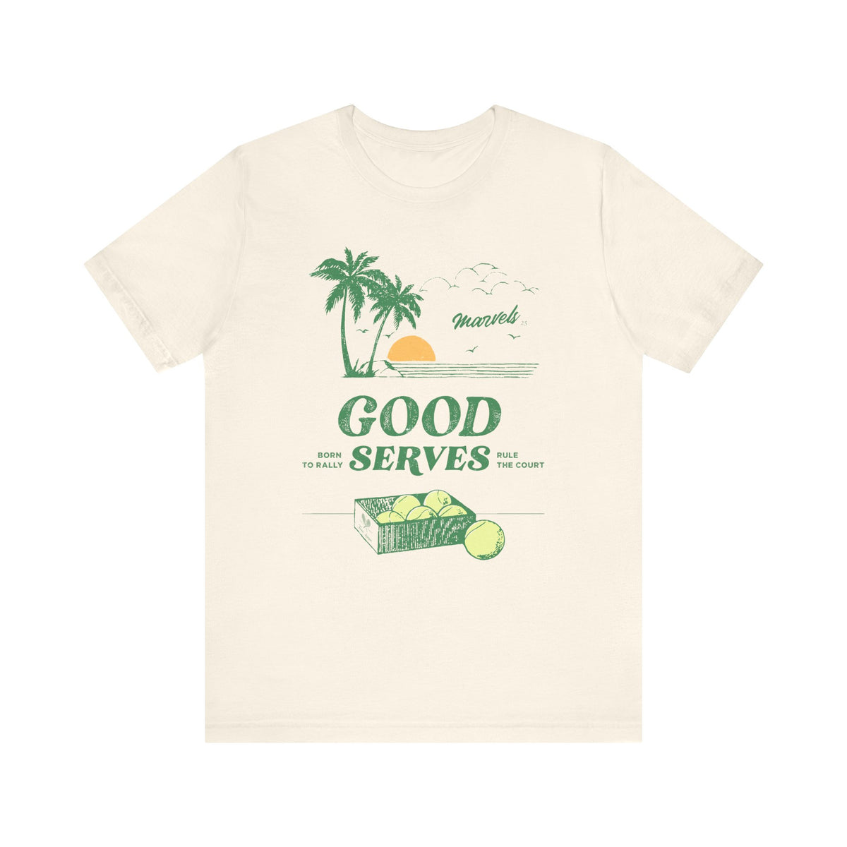 Natural beige t-shirt with tennis 'GOOD SERVES' graphic on a white background
