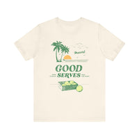 Natural beige t-shirt with tennis 'GOOD SERVES' graphic on a white background
