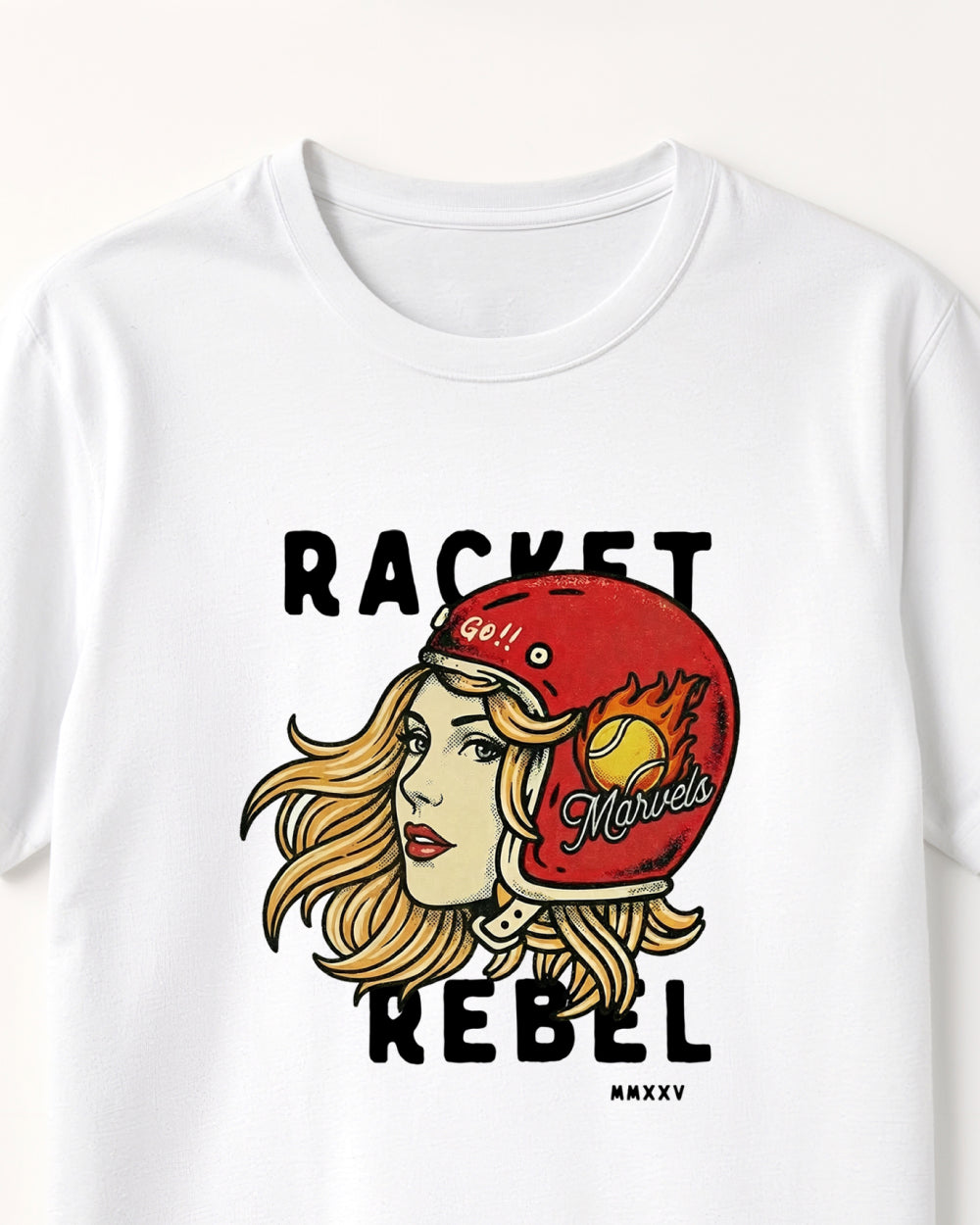 White t-shirt with a graphic design of a woman wearing a helmet and text on a white background