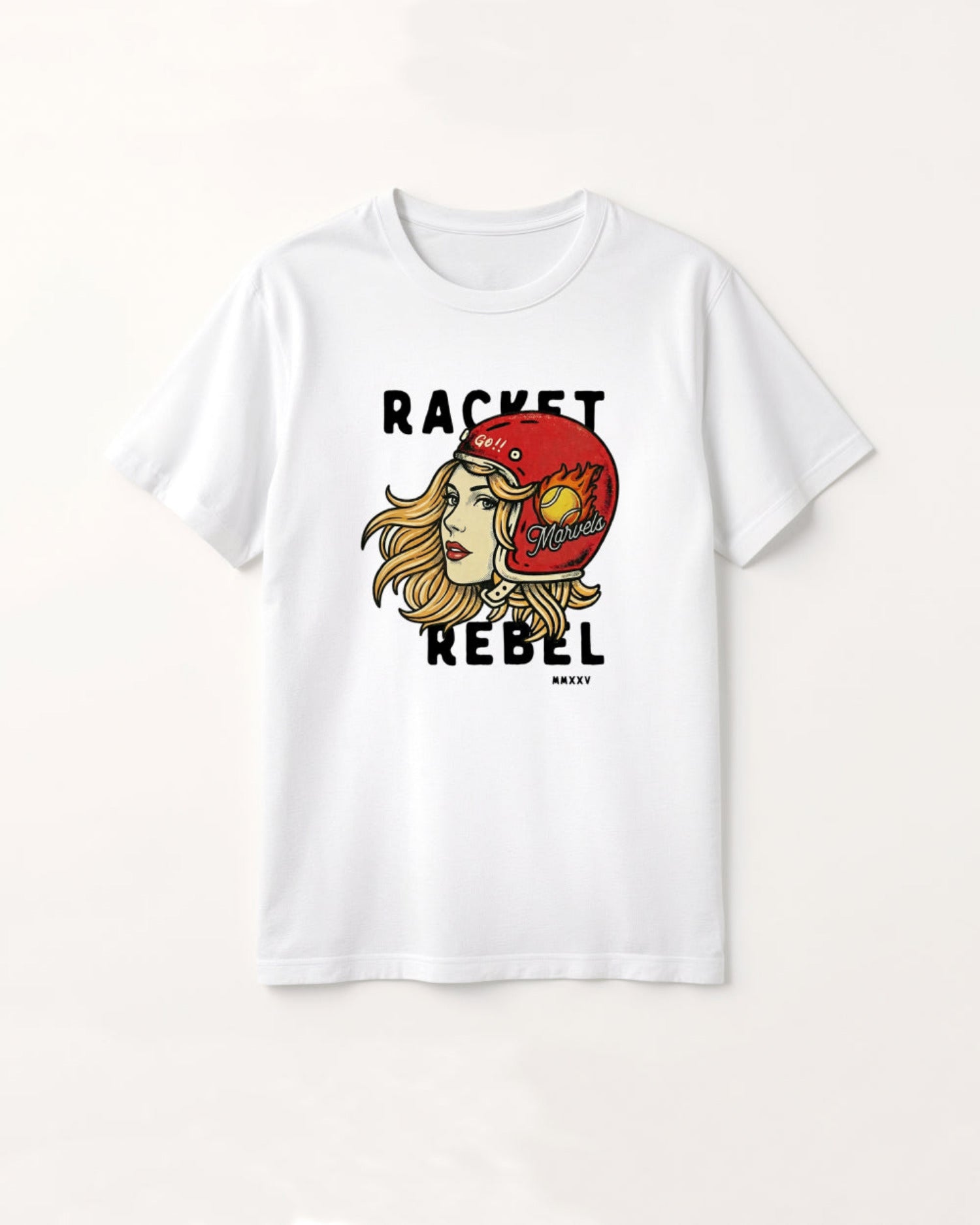 White t-shirt with graphic design and text on a white background
