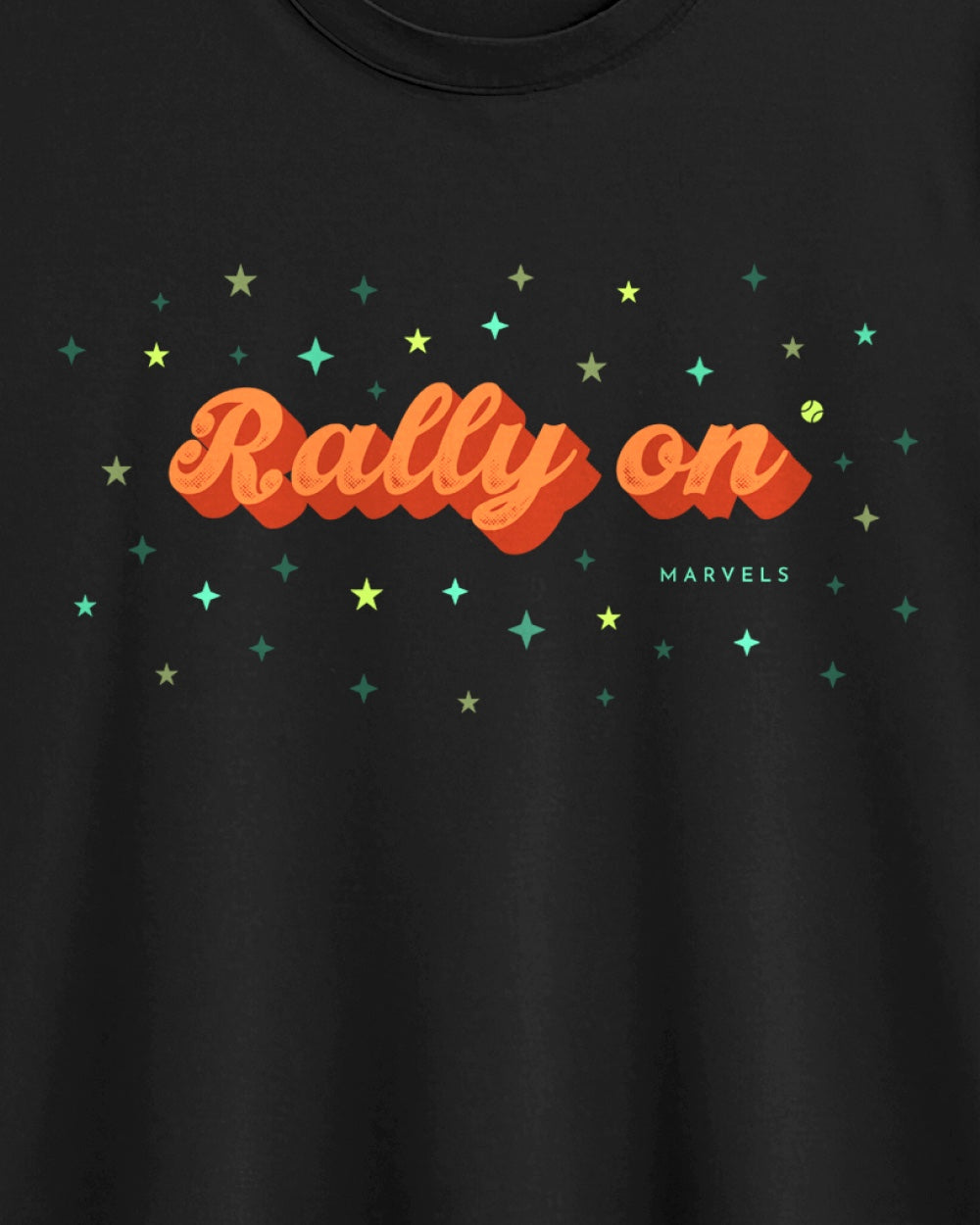 Black t-shirt with 'Rally on' text and star patterns on a dark background