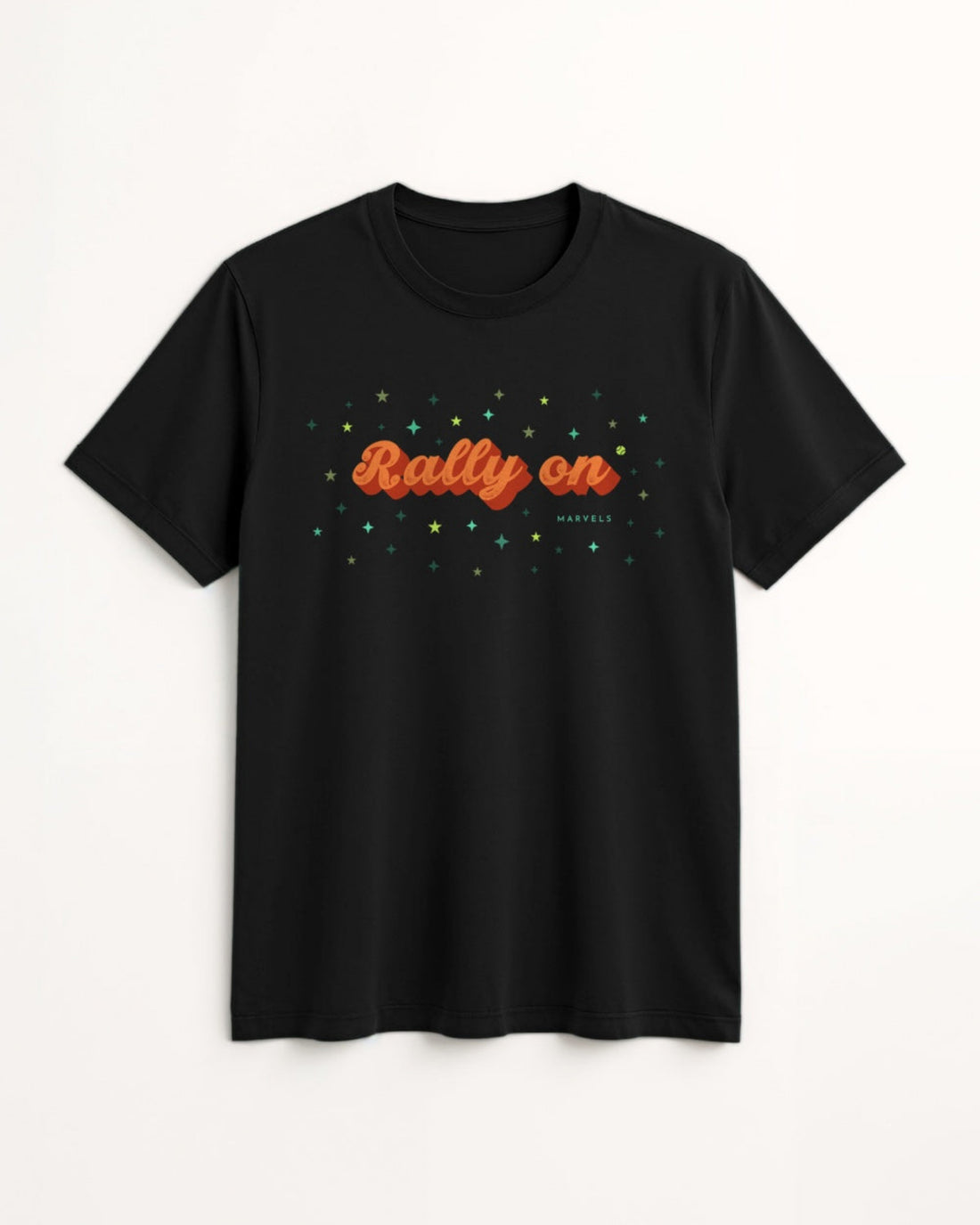 Black t-shirt with 'Rally on' text in orange on a white background