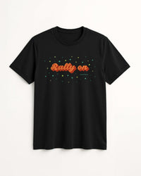 Black t-shirt with 'Rally on' text in orange on a white background