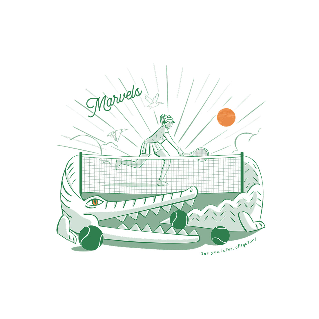 Illustration of a person playing tennis against an alligator with 'Marvels' branding.