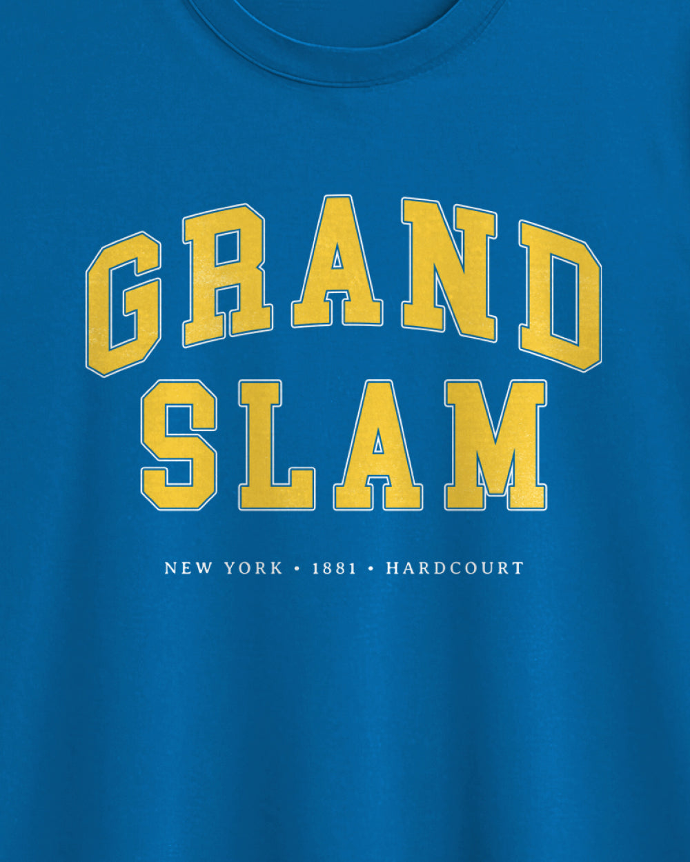 Blue t-shirt with yellow 'GRAND SLAM' text graphic